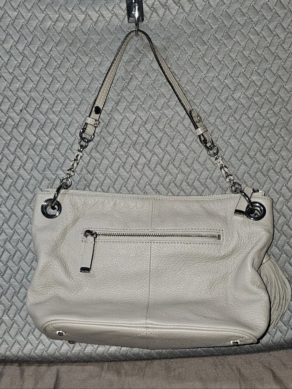 Calvin Klein Pebbled Leather Shoulder Bag in Light Gray with Tassel